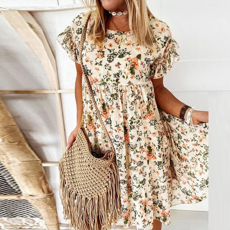 Boho virágmintás ruha fodrokkal és derékszabással – Calista
