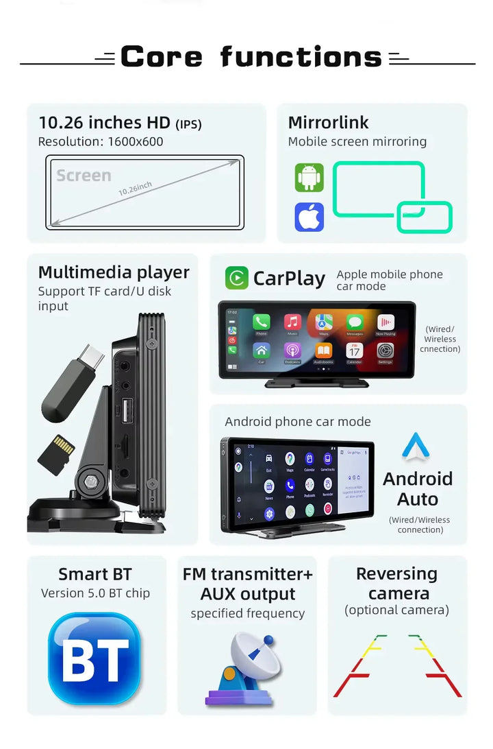 Univerzális 10,26 hüvelykes (26,06 cm) autós multimédia lejátszó vezeték nélküli CarPlay és Android Auto támogatással