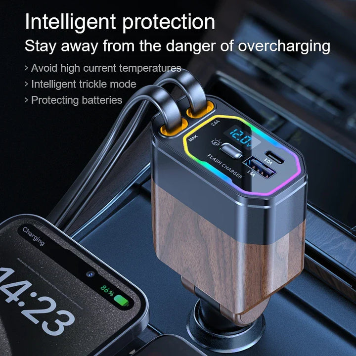 120W 4 az 1-ben Behúzható Autós Töltő USB-C-vel és Dohányzó Cigarettadapterrel – Vega