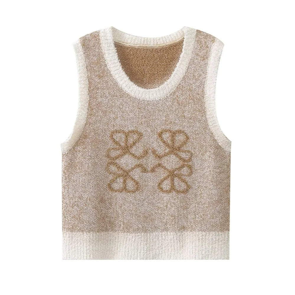 AA_KNOCKOFF Beige kötött női felső vintage jacquard mintával – Mireille