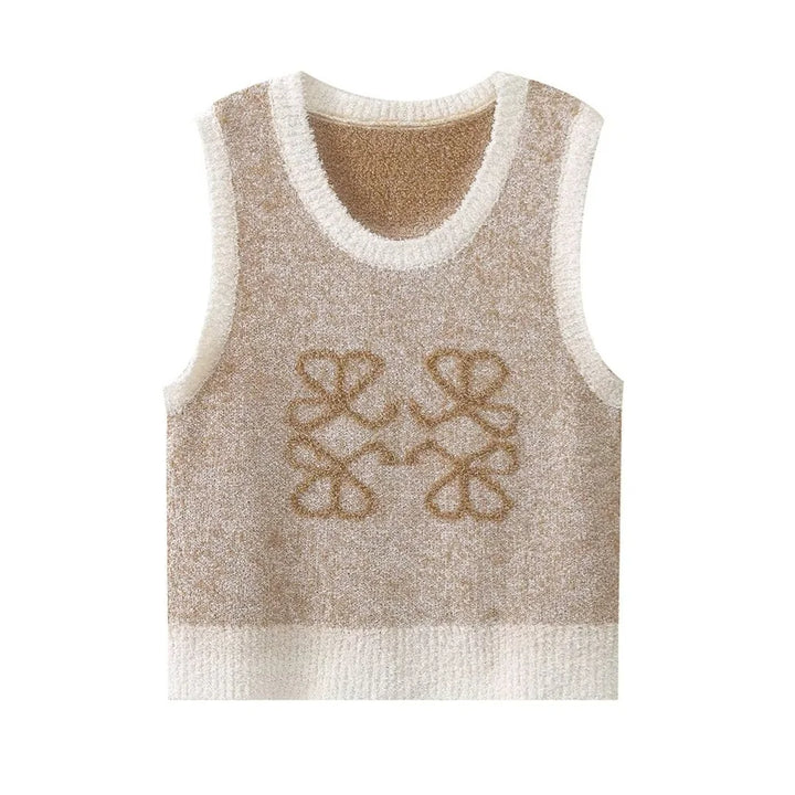 AA_KNOCKOFF Beige kötött női felső vintage jacquard mintával – Mireille