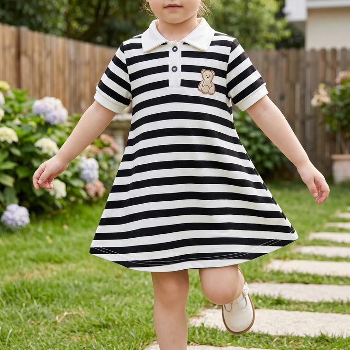 Striped Short-Sleeved A-Line Polo Dress - Cubbela