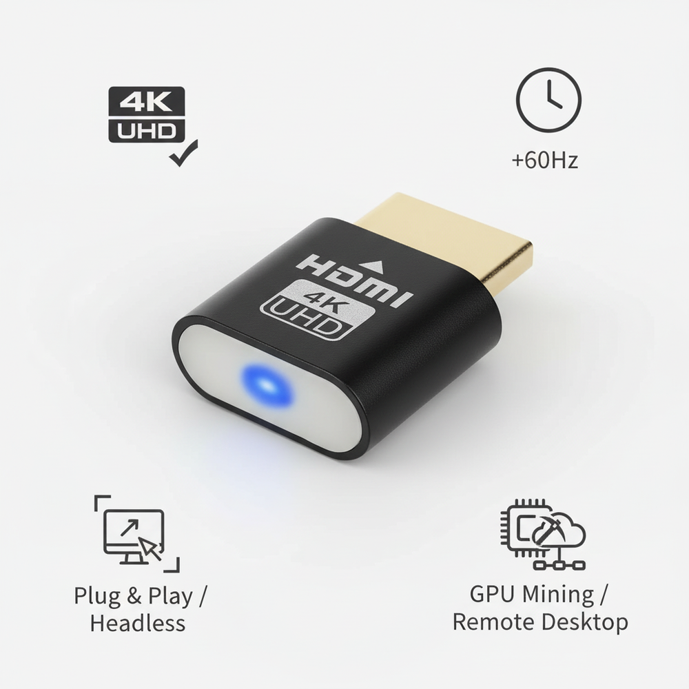 Fekete HDMI-eszköz kék LED-del, körülötte ikonok a 4K felbontásról, a 60 Hz-es képfrissítésről és a fej nélküli használatról. 2