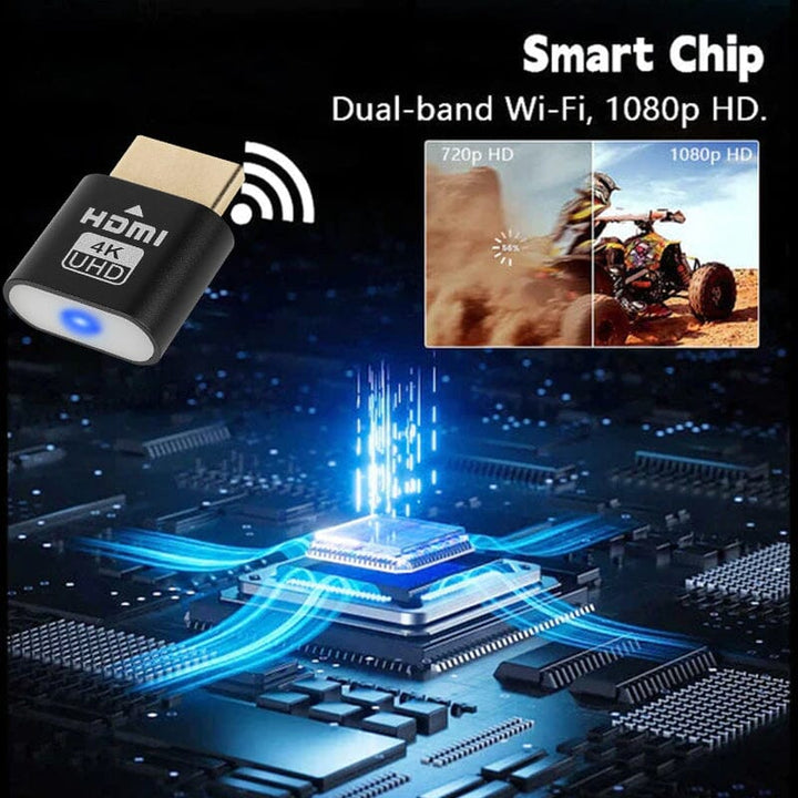 Fekete HDMI-eszköz sötét, áramköri lapos háttéren, mellette Wi-Fi jel és kép-összehasonlítás egy quados motorosról. 4