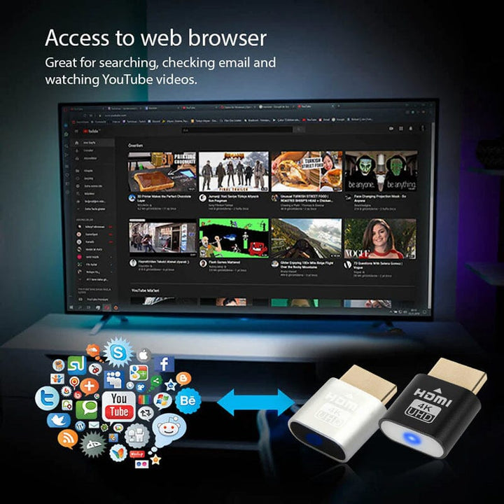 Tévén böngésző és videómegosztó oldal látszik, alatta a fekete és az ezüst HDMI-eszköz, mellettük közösségi appok ikonjai. 6