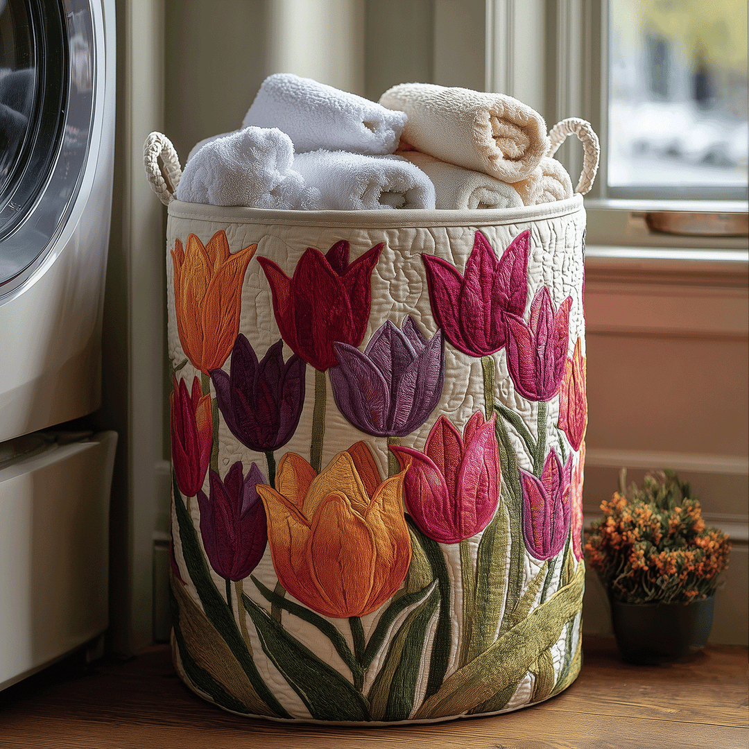 Színes tulipánmintás steppelt kosár összehajtott törölközőkkel, mosógép mellett a padlón, két oldalán fonott fogantyúval 1
