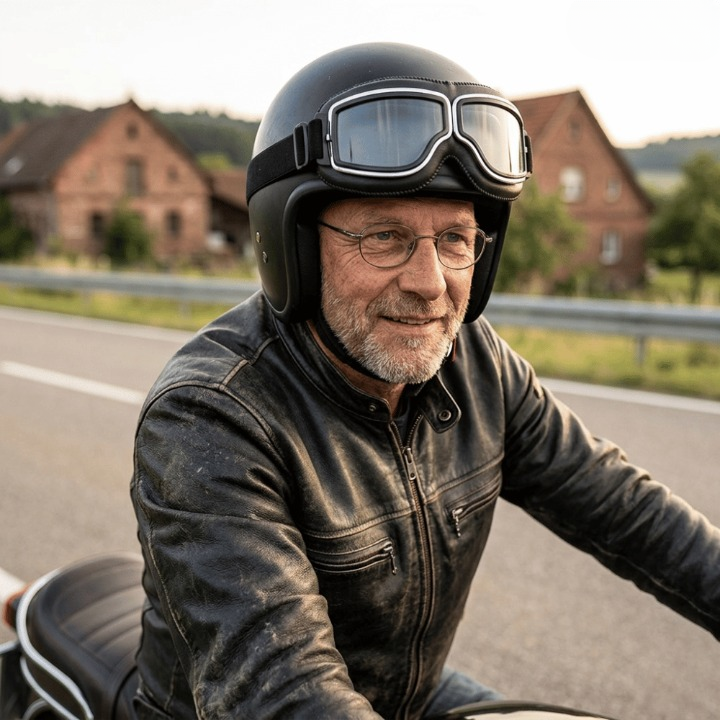 Mosolygó, szemüveges idősebb motoros fekete bőrkabátban és nyitott bukósisakban, a sisakra tűzve a szemüveg, háttérben vidéki házak. 1