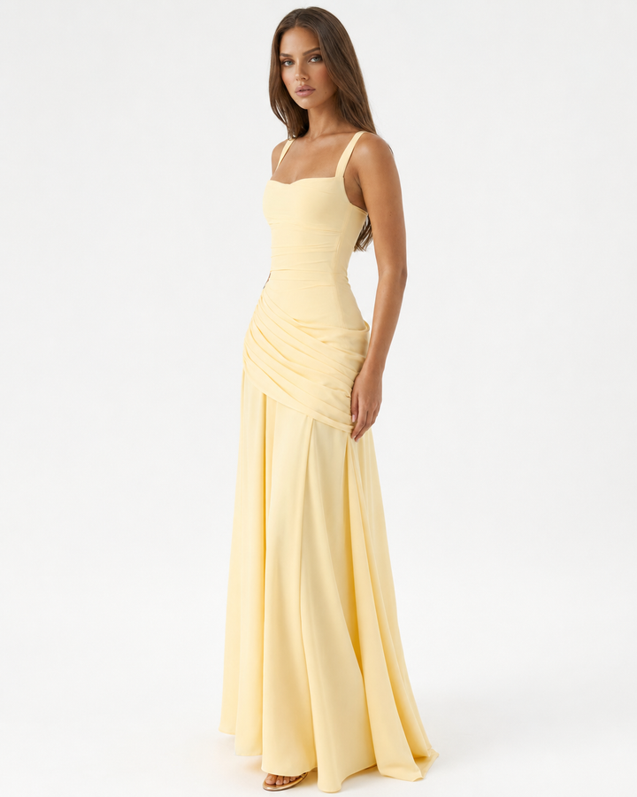 Wedding Guest Maxi Dress With Square Neck, Gathered Waist & Back Lace-Up