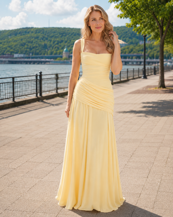 Women's Maxi Dress with Square Neck, Gathered Waist & Back Lace-Up