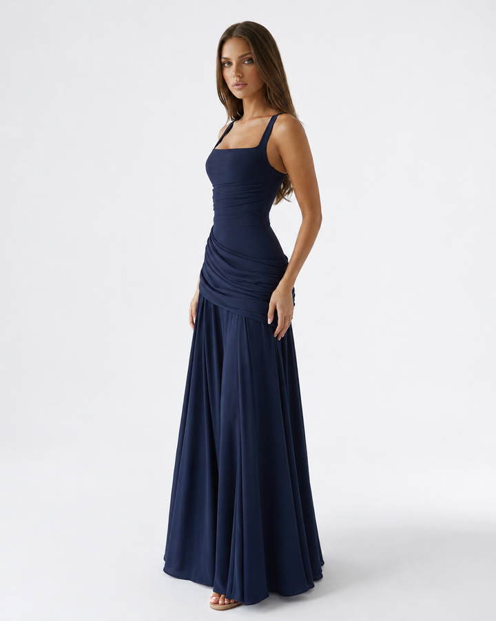 Women's Maxi Dress with Square Neck, Gathered Waist & Back Lace-Up