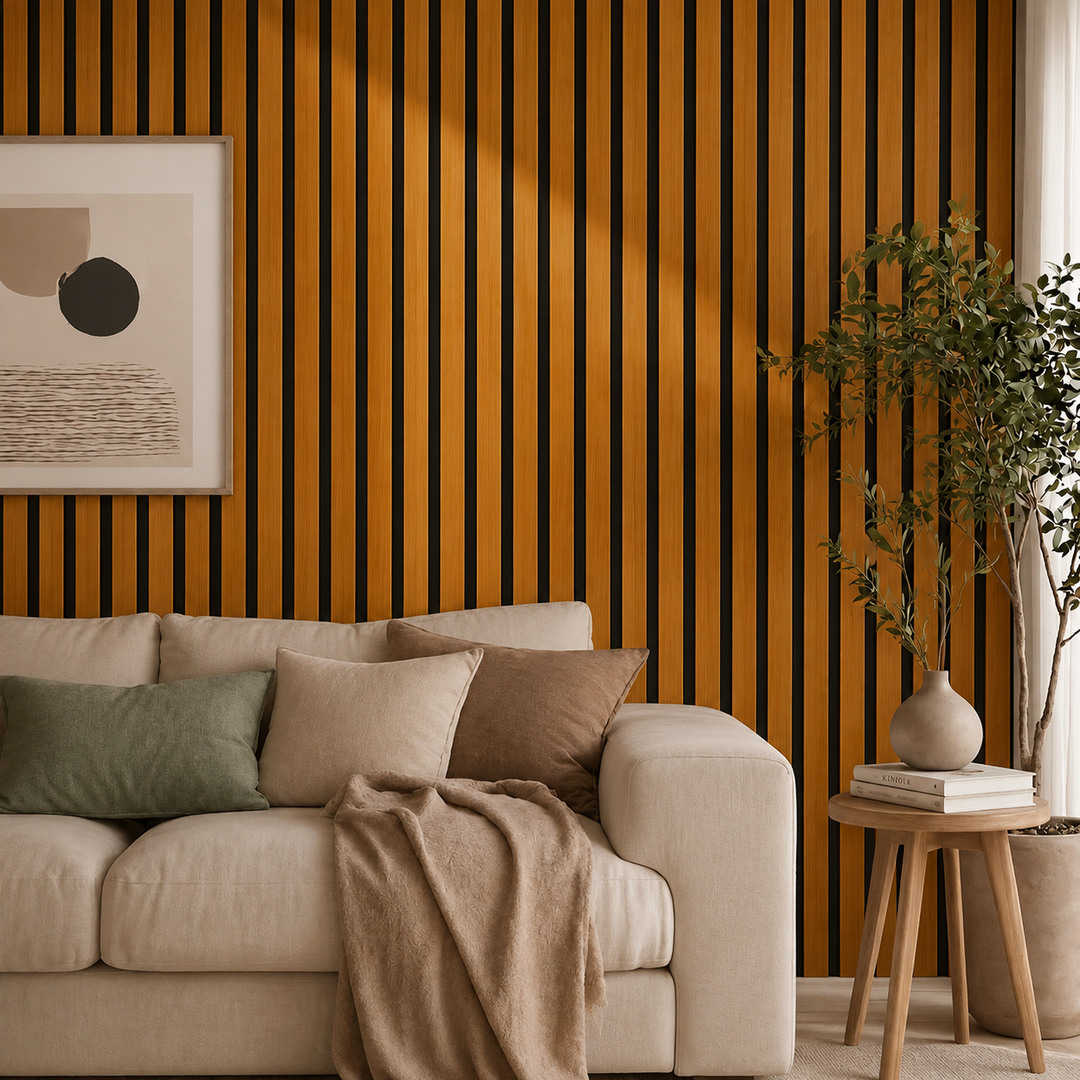 Nappali bézs kanapéval, a fal mögötte aranybarna, fekete réses lamellás panel 4