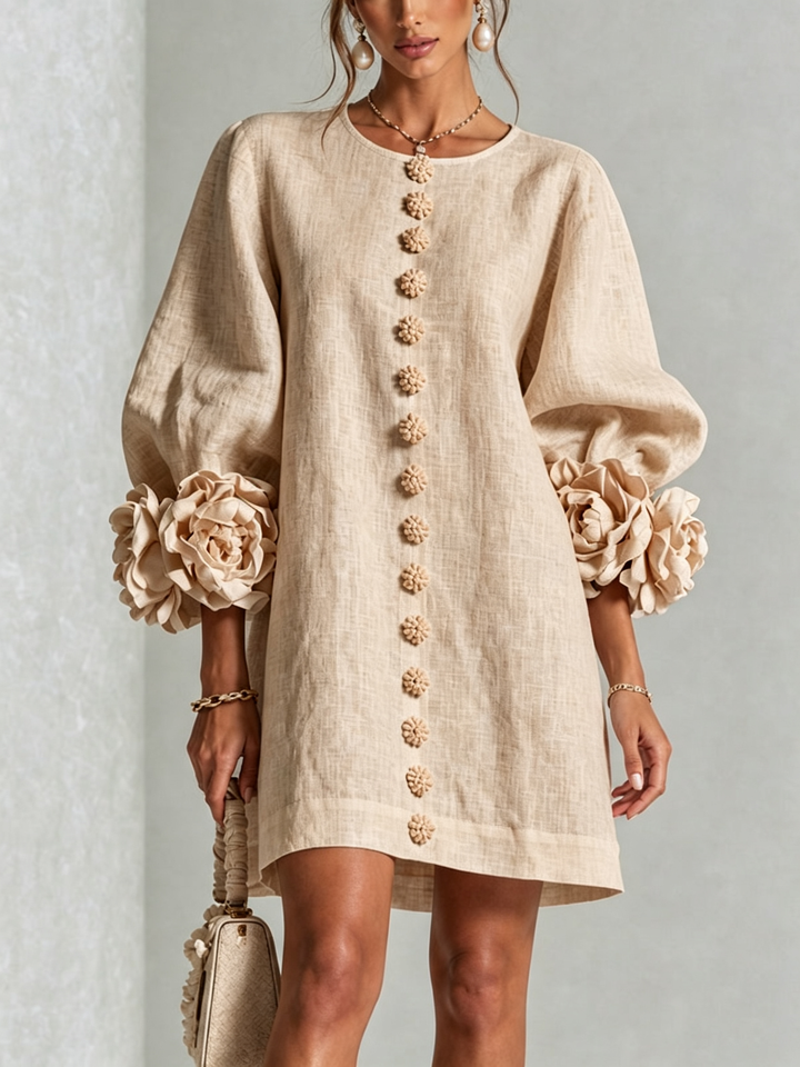 Elegant A-Line Dress with Volume Sleeves and Floral Buttons 23