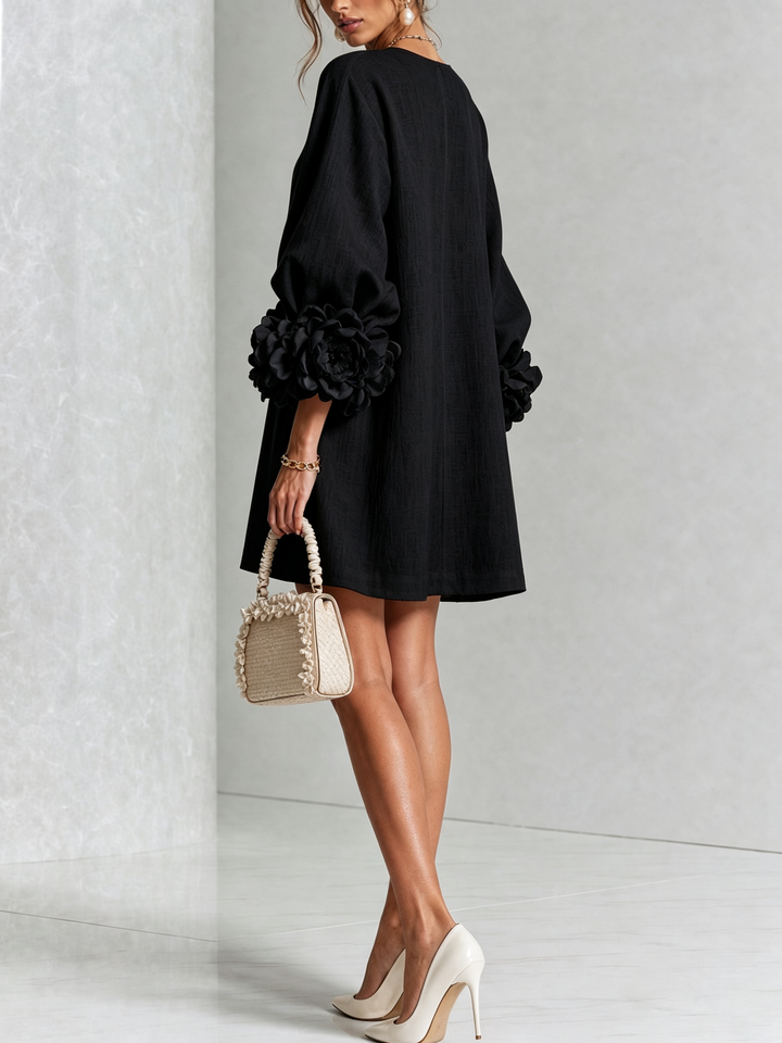 Elegant A-Line Dress with Volume Sleeves and Floral Buttons 17