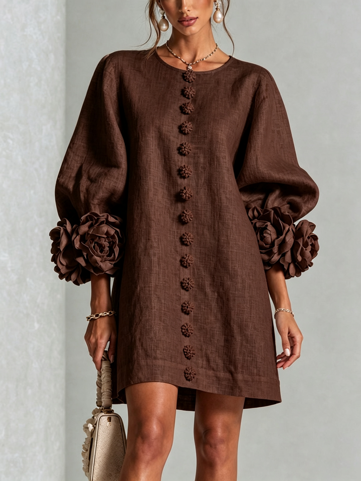 Elegant A-Line Dress with Volume Sleeves and Floral Buttons 27