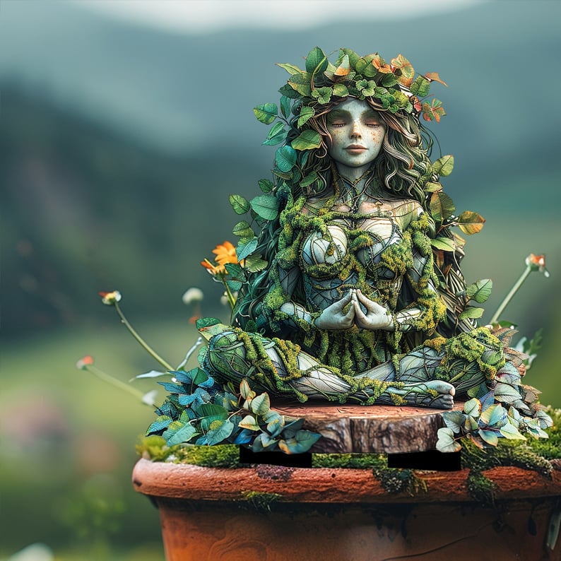 Meditáló nőalak dísz terrakotta cserépben, narancsszínű virágokkal, elmosódott dombos háttér előtt. 20