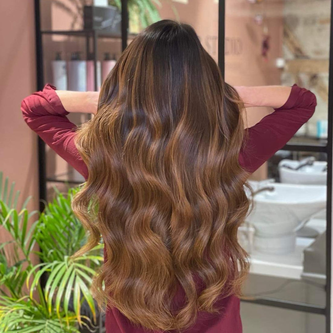 Tape-in Hairextensions – Veloura Tape (Meleg barna balayage 2+7)