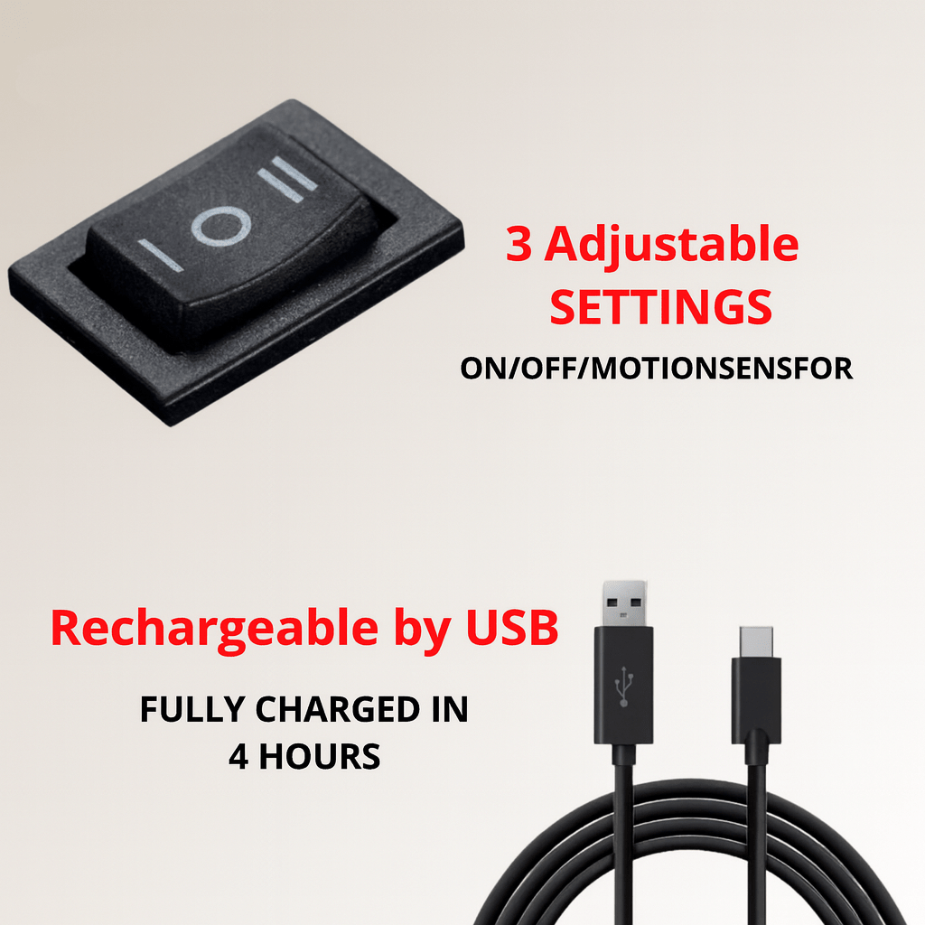 Háromállású fekete billenőkapcsoló közelről, alatta fekete USB-töltőkábel, a szöveg szerint USB-n tölthető és négy óra alatt feltöltődik. 6