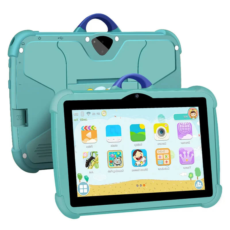 Türkizkék tokos tablet elölről és hátulról, gyerekbarát alkalmazásokkal a képernyőn 9