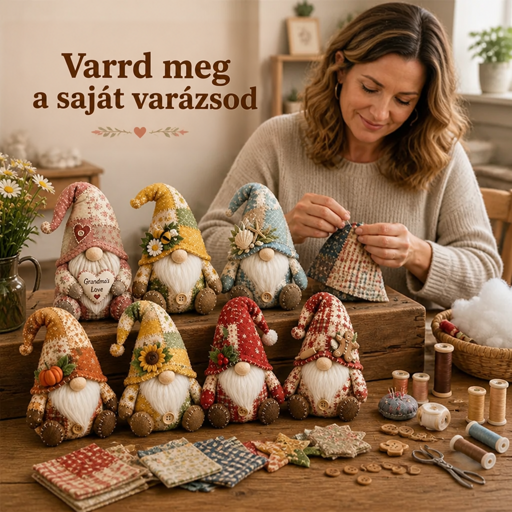 Nő varr egy gnómot, előtte hat kész foltvarró gnóm, szövetdarabok, cérnatekercsek és gombok az asztalon 1