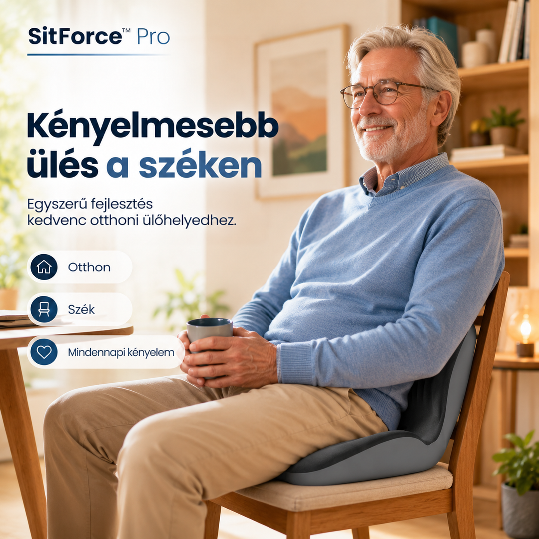 Idősebb, szemüveges férfi bögrét tartva ül a széken, hátát a szürke ülőpárna támasztja 10