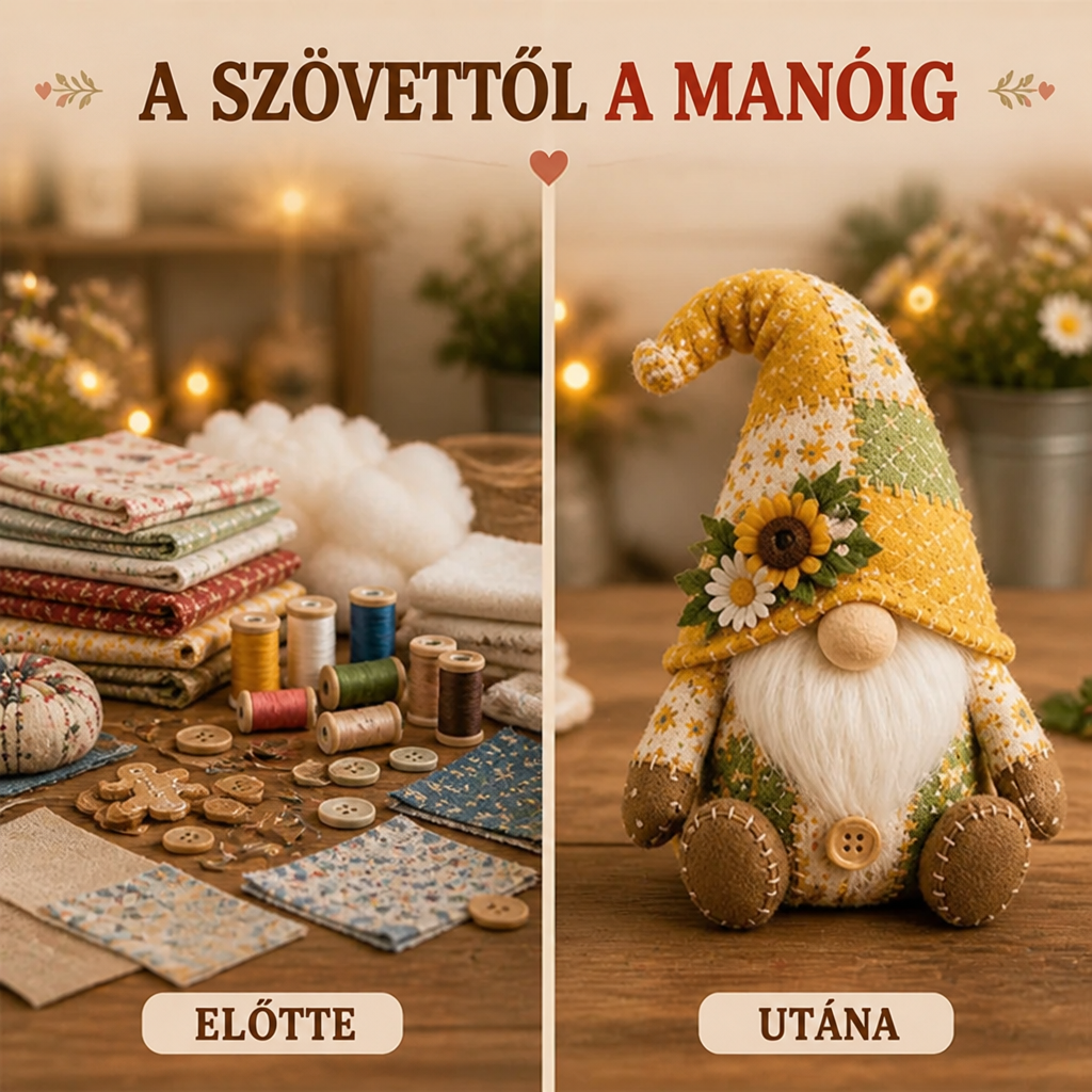 Előtte-utána kép: összehajtott szövetek, cérnák és gombok balra, kész sárga napraforgós gnóm jobbra 4