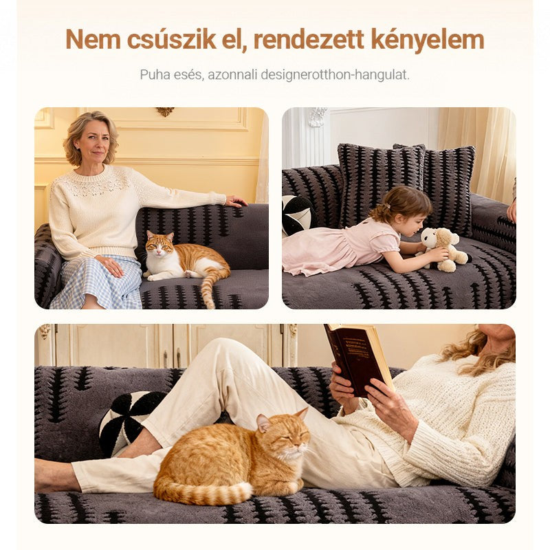 Három jelenet a huzatos kanapén: idősebb nő macskával, kislány plüssjátékkal, könyvet olvasó nő macskával 3