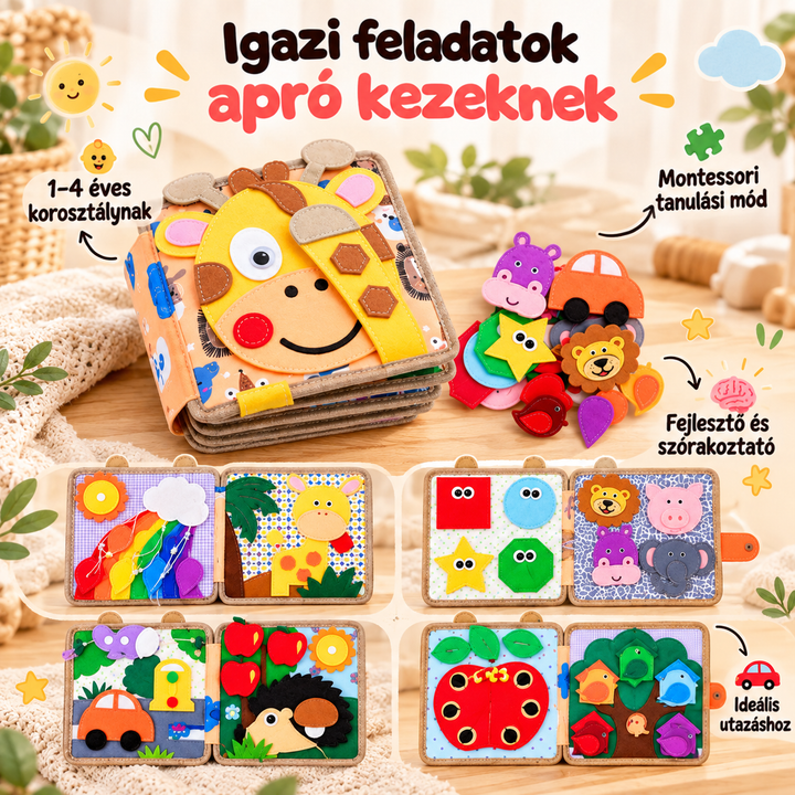 Zsiráfos filckönyv négy kinyitott oldalpárja: szivárvány, formák, autós út, alma, valamint a levehető figurák 3