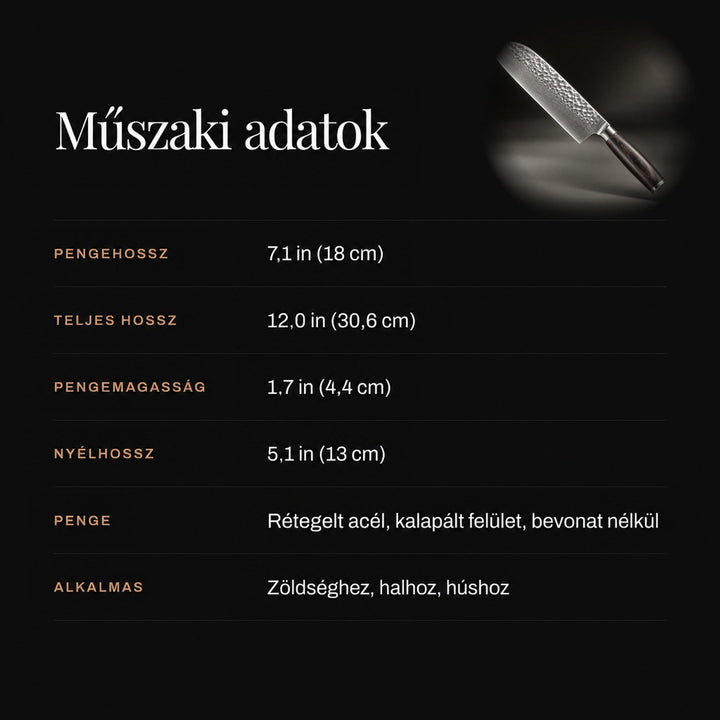 Sötét méretinfografika a kés pengéjének, nyelének és teljes hosszának méreteivel, kis késképpel 4