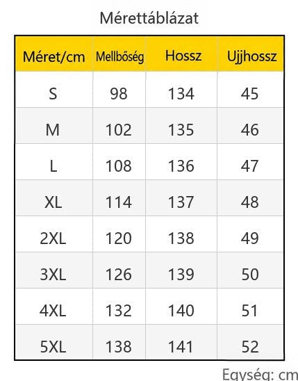 Méretezési táblázat S-től 5XL-ig, mellbőség, hossz és ujjhossz centiméterben megadva 11