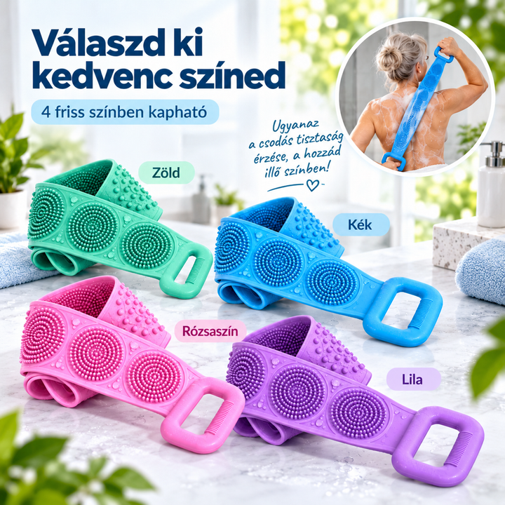 Négy színben, zöldben, kékben, rózsaszínben és lilában sorakozó szilikon dörzsölők a pulton, kis képen használat közben 8