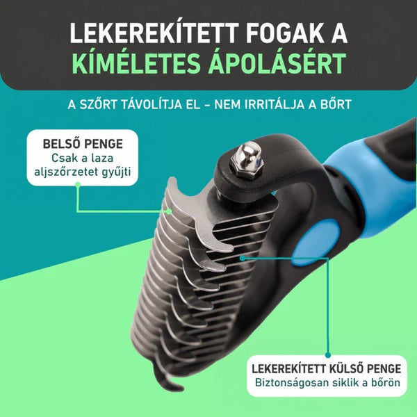 Közeli felvétel a gereblye lekerekített fogairól, az egymásba illeszkedő belső és külső pengékkel. 3