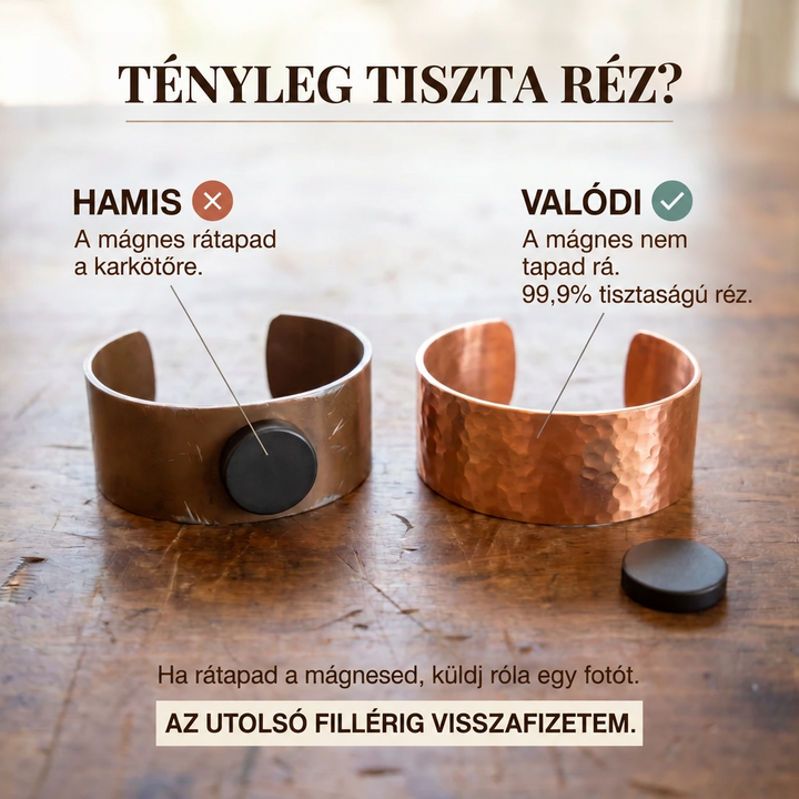 Összehasonlító kép két rézkarkötőről: az egyikhez tapad a mágnes, a másikhoz nem, ezzel mutatva a tiszta réz ellenőrzését. 4