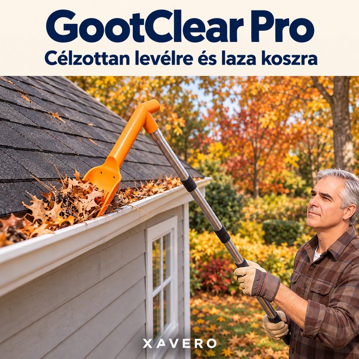 Férfi kesztyűben létra nélkül szedi ki az őszi leveleket a ház ereszcsatornájából a rúddal 4