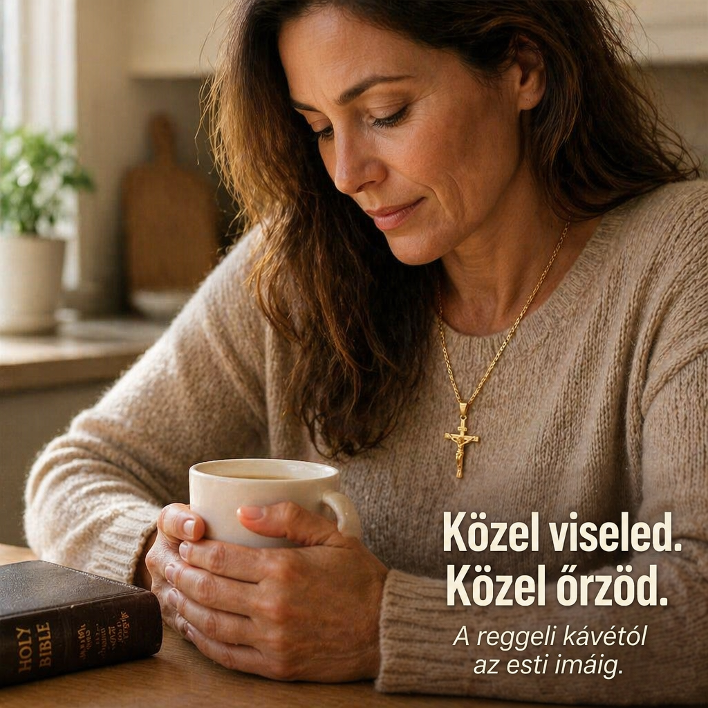 Kávéscsészét tartó nő az asztalnál, bibliával az előtérben, nyakában aranyszínű feszületes lánccal 4