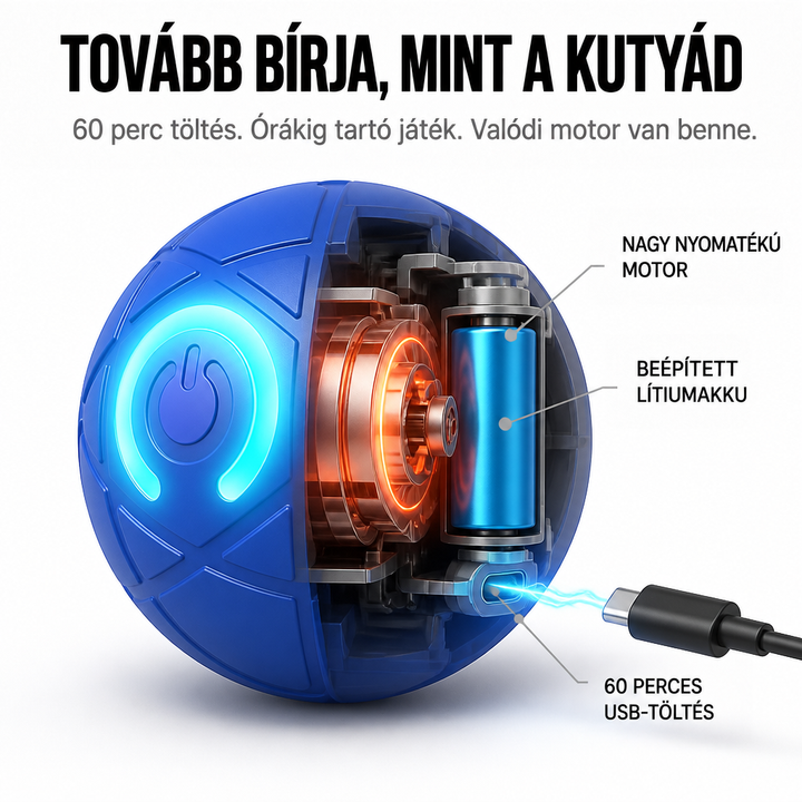Kék labda átmetszeti képe: látszik a motor, az akkumulátor és a töltőkábelhez csatlakozó USB-port 4