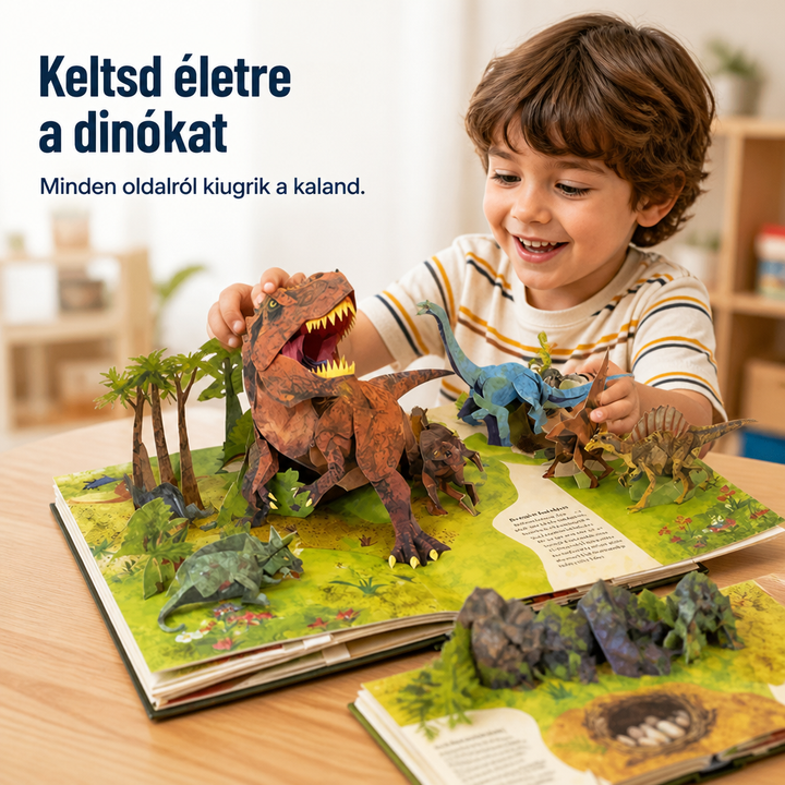 Mosolygó kisfiú asztalnál játszik a nyitott könyv papírból felálló dinoszauruszaival, előtte egy második nyitott oldal 1