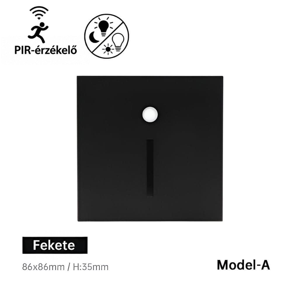 Fekete, négyzet alakú A modell elölnézetből, mozgásérzékelő ponttal és függőleges fényrésszel 1