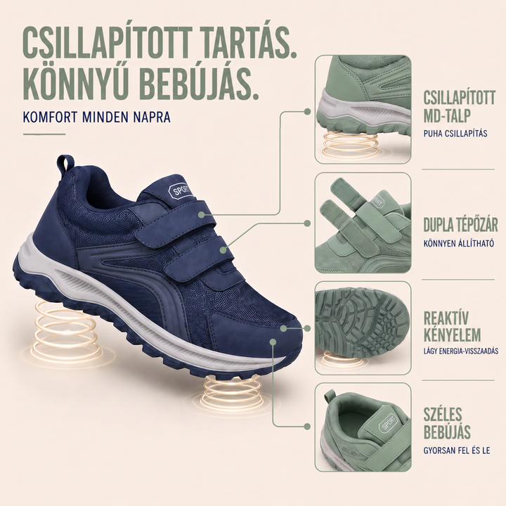 Kék cipő infografikán: kiemelt részletek a talpról, a dupla tépőzárról és a széles belépőről 2