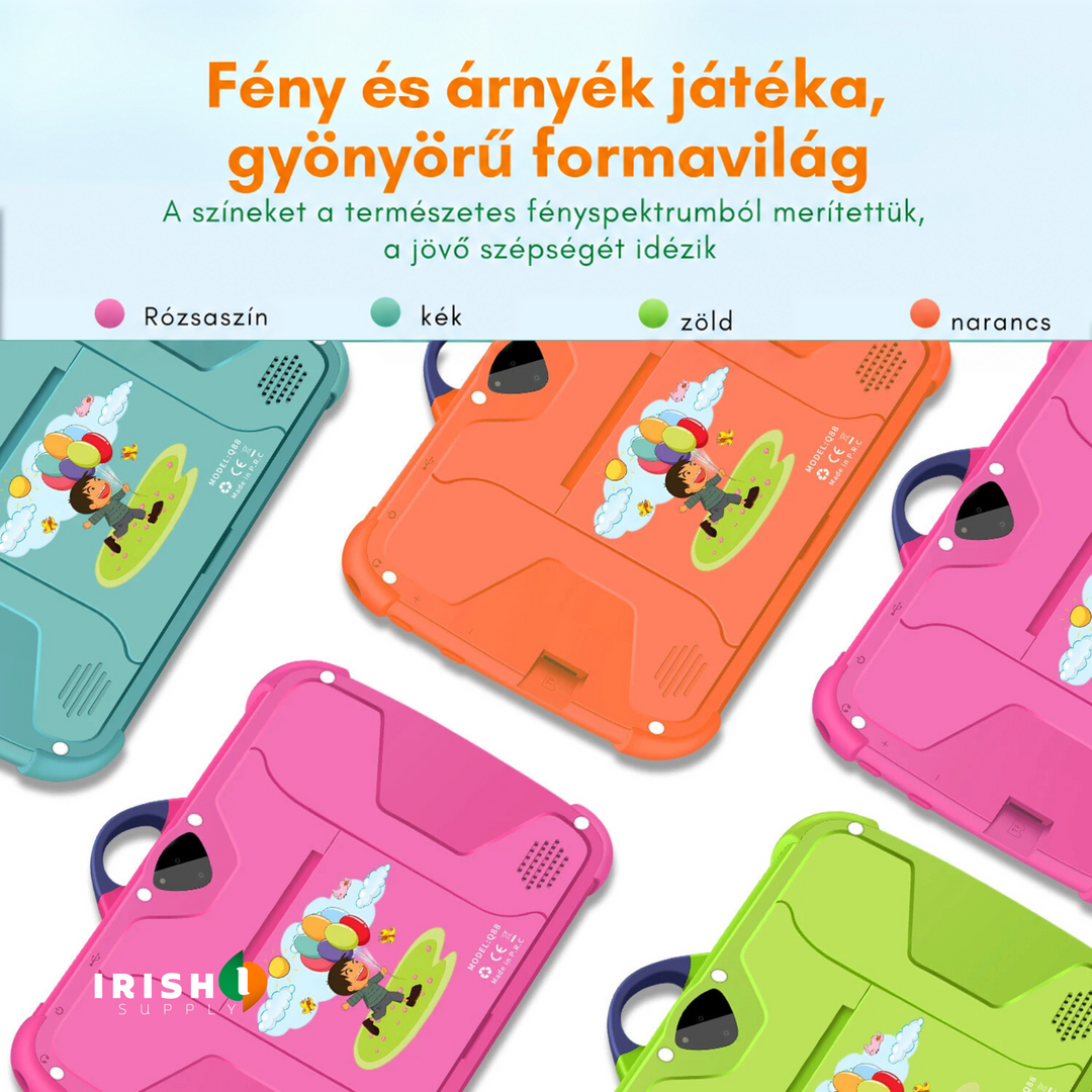 A tablet hátoldala rózsaszín, kék, zöld és narancs színben, gyerekrajzzal 3