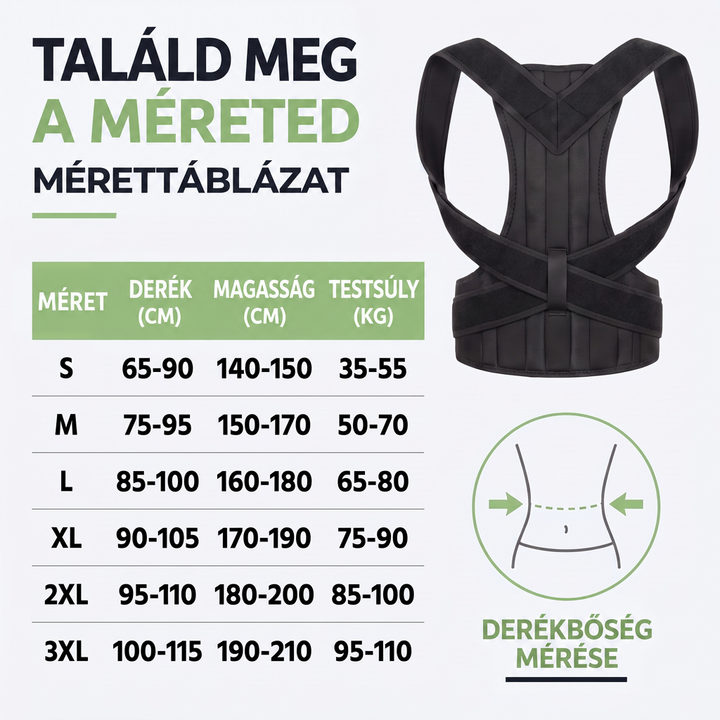 Fekete merevítő méretválasztó táblázattal, derékbőség, testmagasság és testsúly szerinti méretekkel, valamint derékmérés ábrával. 5