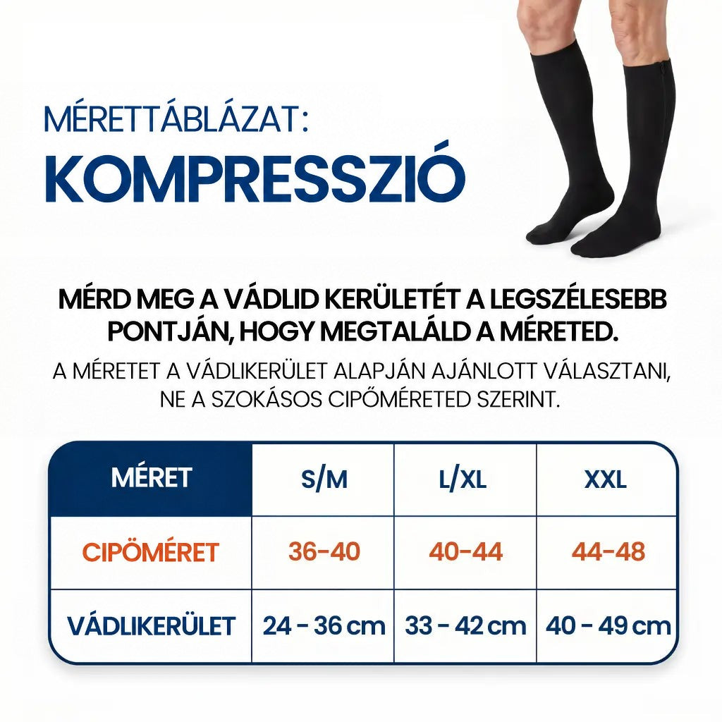 Méretezési táblázat a harisnyához, felül fekete harisnyás lábak, vádlikerület és cipőméret szerint 11