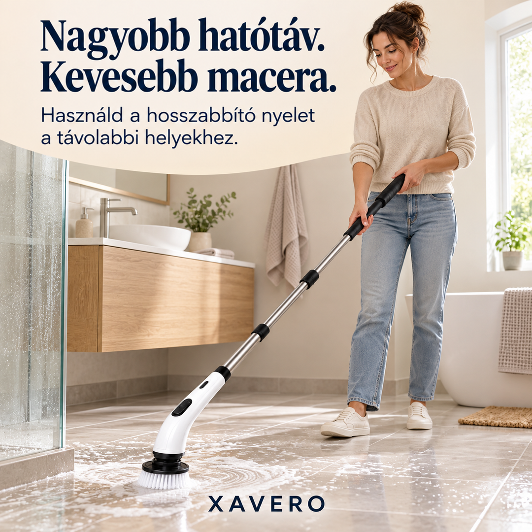 Mosolygó nő a hosszabbított nyelű kefével habos fürdőszobai padlót tisztít, a zuhanykabin mellett 8