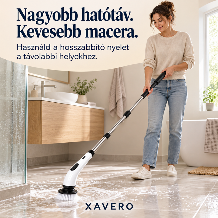 Mosolygó nő a hosszabbított nyelű kefével habos fürdőszobai padlót tisztít, a zuhanykabin mellett 8