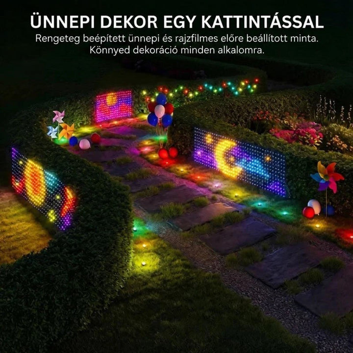 Éjszakai kertben sövények mentén kisebb fényfüggönyök színes holdas és bolygós mintákkal, lufik és szélforgók között 7