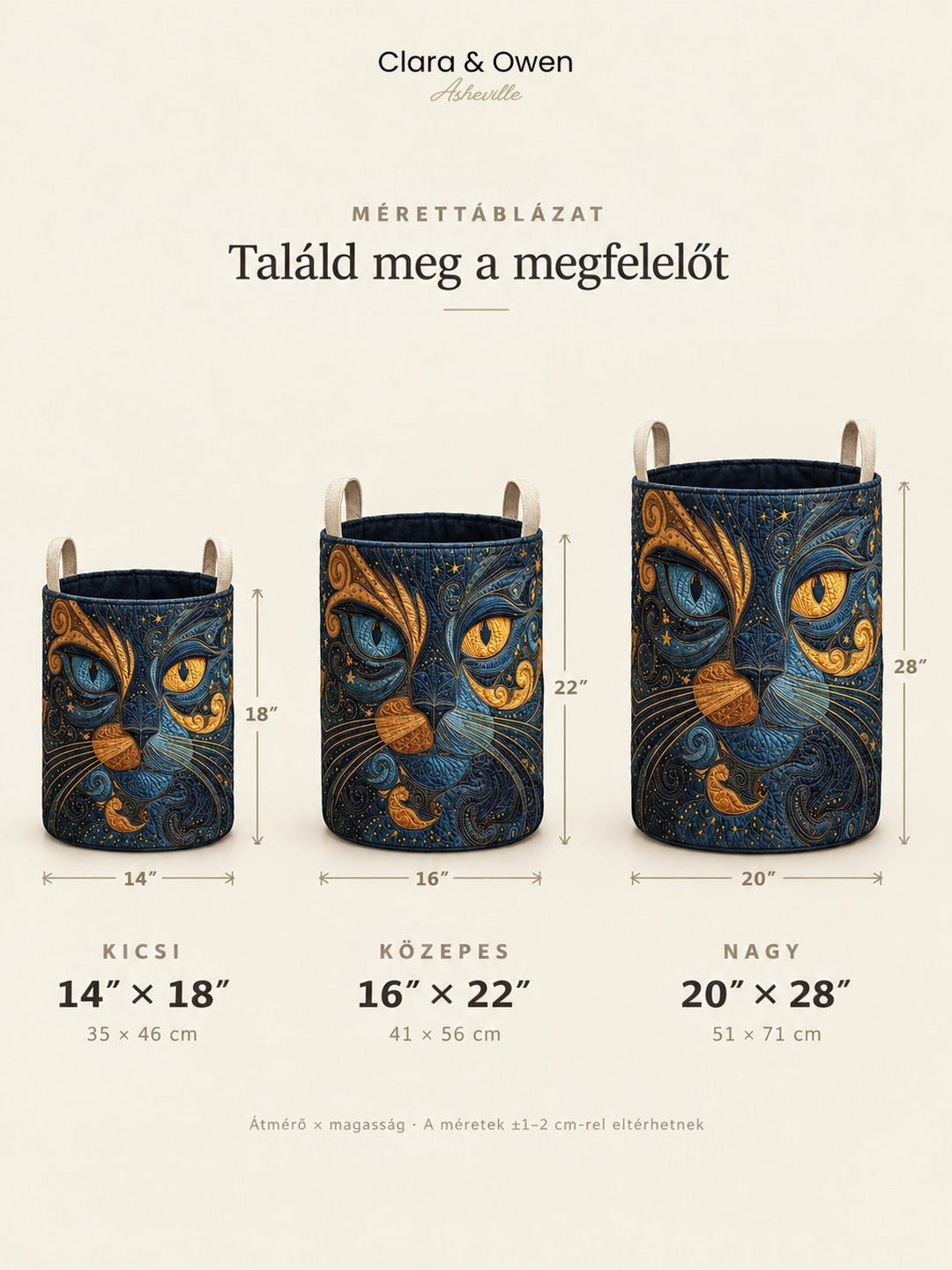 Méretábra három nagyságú macskamintás kosárral, egymás mellett, átmérő és magasság jelöléssel centiméterben és hüvelykben. 5