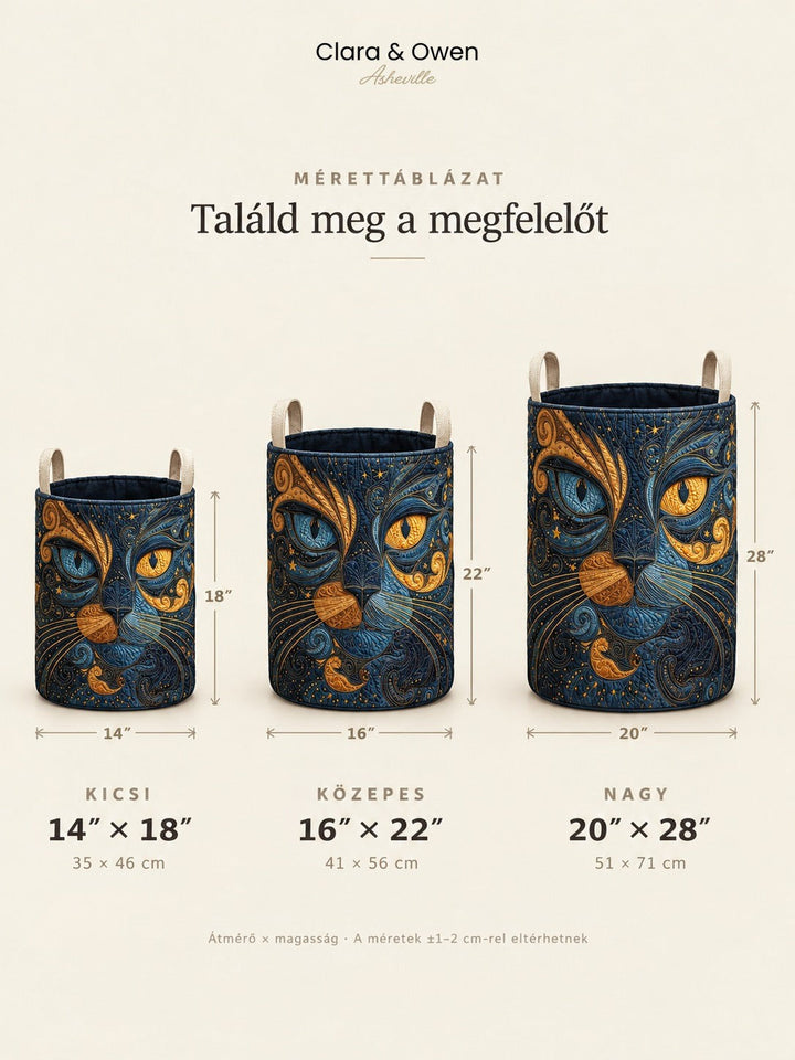 Méretábra három nagyságú macskamintás kosárral, egymás mellett, átmérő és magasság jelöléssel centiméterben és hüvelykben. 5