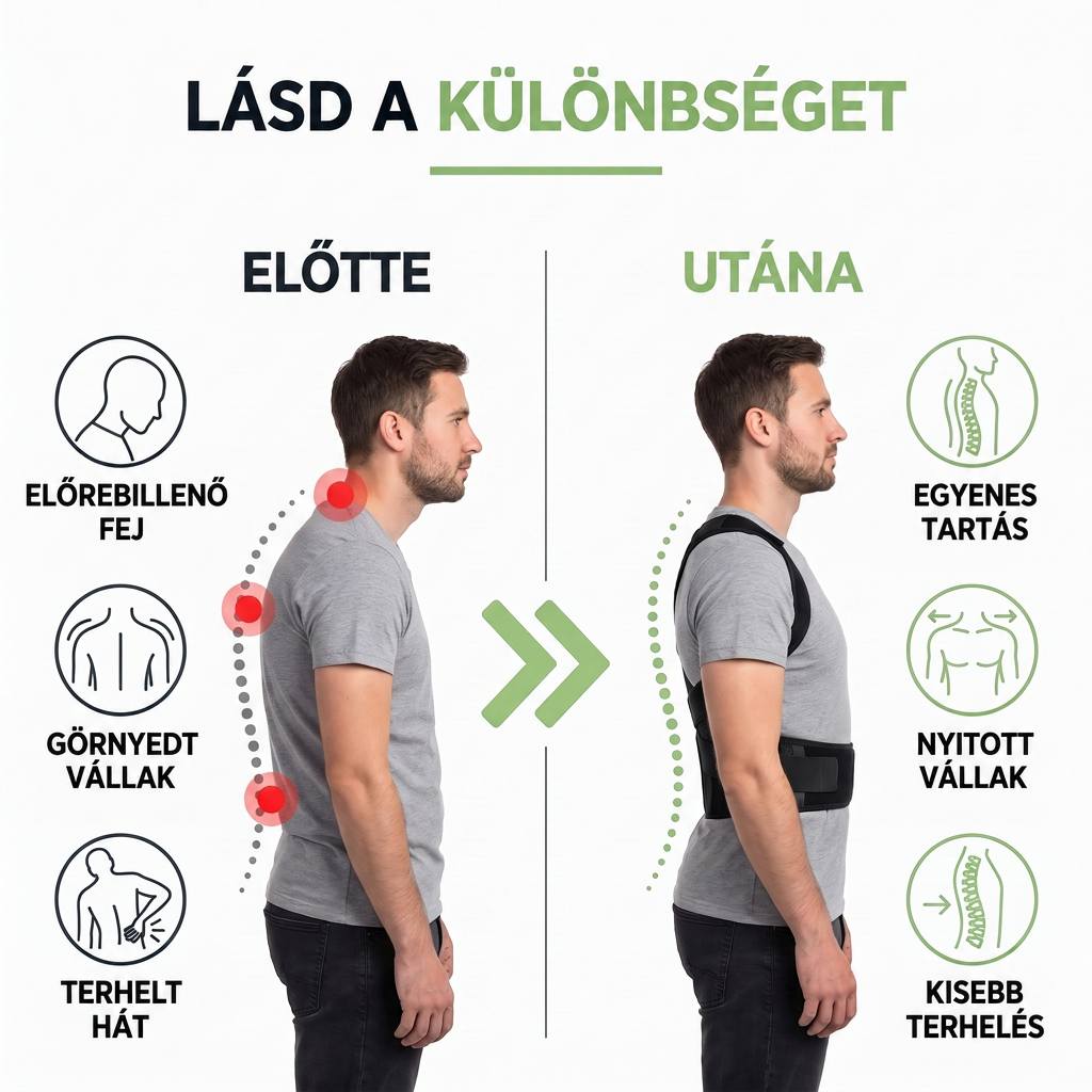 Előtte-utána összehasonlító grafika oldalnézetből: görnyedt tartású férfi, mellette ugyanaz egyenes tartással a fekete merevítőben. 3
