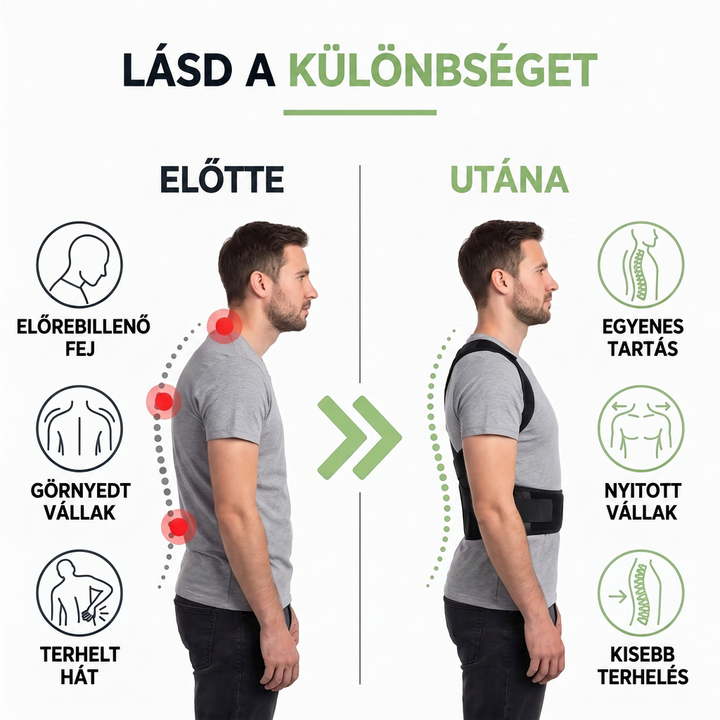 Előtte-utána összehasonlító grafika oldalnézetből: görnyedt tartású férfi, mellette ugyanaz egyenes tartással a fekete merevítőben. 3