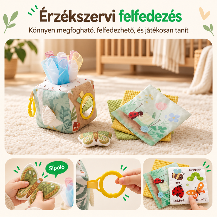 Kocka és tapintós lapok a szőnyegen, alatta közelik: nyikorgó pillangó, műanyag gyűrű, mesélő képeskönyv 3