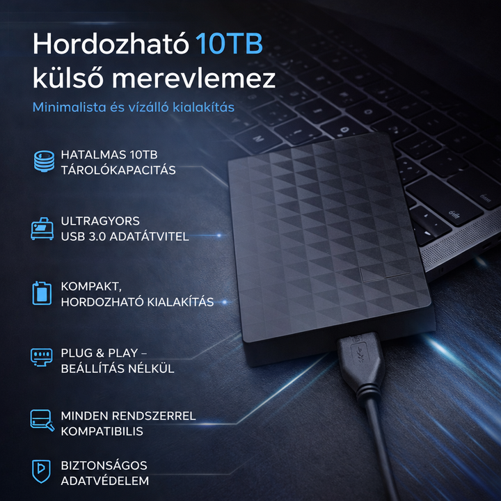 Tájékoztató grafika: az USB-kábeles merevlemez laptop előtt, mellette a főbb tulajdonságok ikonos listája 5